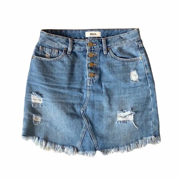 JBD. Distressed High-Rise Denim Skirt - Picture 1 of 4